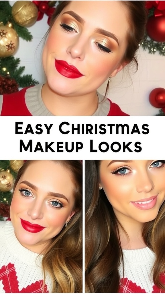 Three easy Christmas makeup looks: classic red lip, sparkling eyes, and glowing skin.